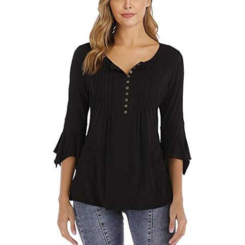 MISS MOLY Tunic Tops for Women Henly Shirt Lace 3/4 Bell Sleeve Blouse Black Large Cover