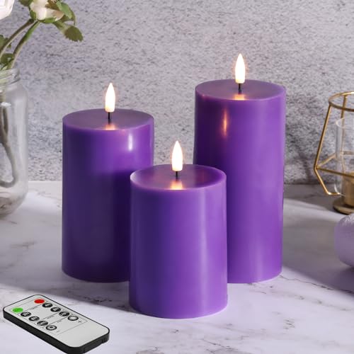 Girimax Purple Flameless Pillar Candles with Remote, Flickering Battery LED Wax Candles Decor Set of 3