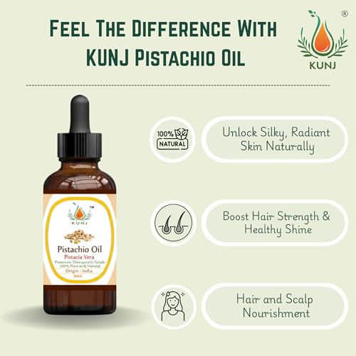 Image of KUNJ Pistachio Oil (Pistacia vera) 30ML - 100% Pure & Natural, Cold Pressed - Therapeutic Grade Oil for Skin Nourishment, Hair Strengthening & Moisturizing