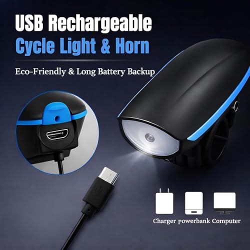 Image of PulGos Rechargeable Cycle Light for Bicycle with ๐๐๐๐๐ Horn (๐ Sound Modes), Bright LED Cycle Headlight(๐ ๐๐ข๐ ๐ก๐ญ ๐๐จ๐๐), Up to ๐๐ ๐ก๐ซ๐ฌ ๐๐๐ญ๐ญ๐๐ซ๐ฒ ๐ฅ๐ข๐๐, Ideal for Night Riding