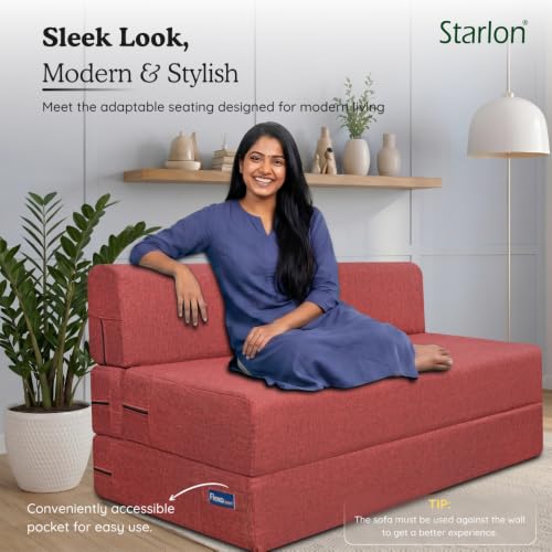 Image of Starlon 3 Seater Foldable Sofa Cum Bed 3-in-1 with 2 Floral Pattern Pillows, Washable Jute Fabric Cover, Space Saving Guest Bed, Royal Maroon 6x6.5 Ft