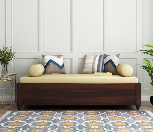 Image of ONIJA Solid Sheesham Wood Diwan Sofa Cum Bench Without Seating Cushion & Pillows | Modern Wooden Daybed for Living Room, Bedroom & Home Decor (Walnut Finish)