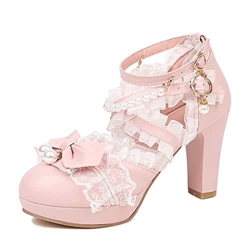 Image of FOREADA Lolita Shoes Platform Mary Jane Heels Kawaii Bow Lace Pearl Pumps | Vintage kawaii lolita styling ideal for dresses, with bead, lace, bow, ankle strap, pink, white and classic black colors