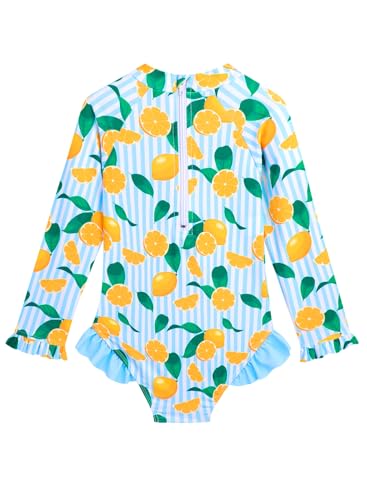 Image of Baby Toddler Girl Long Sleeve Ruffle Swimsuit One Piece Zipper Rash Guard Bathing Suit with UPF 50+ Sun Protection