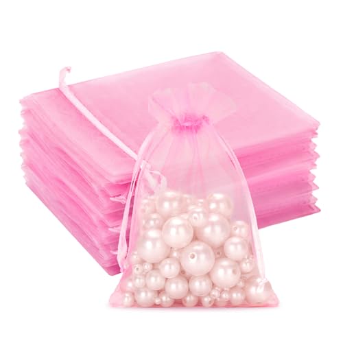 G2PLUS Organza Bags 46 Inches 100PCS Pink Organza Gift Bags with Drawstring Sheer Mesh Jewelry Pouches Sheer Candy Bag for Christmas Wedding Party Favors