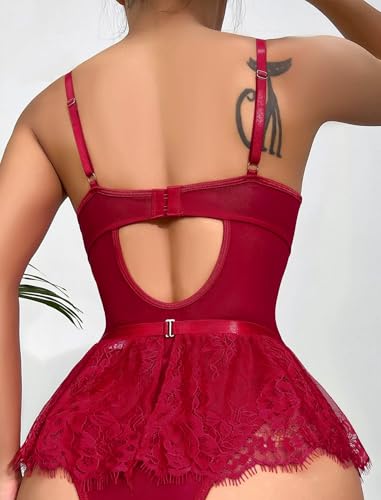 Image of Alrovetoney Women Lingerie Set Naughty Lace Bodysuit High Waisted Underwire Lingerie Babydoll With Garter Belt and Stockings