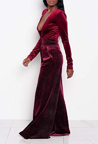 Doufine – Macacão feminino elegante e elegante com gola V, Vinho tinto, L