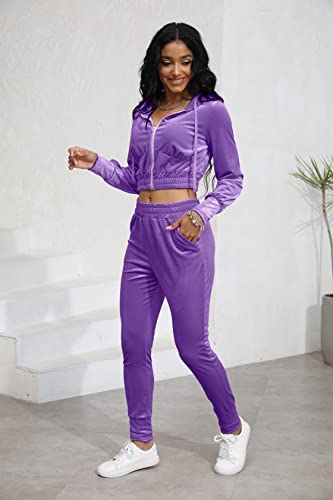 Women's Velour Sweatsuits Outfits Zip Up Hoodies Crop Top Long Sleeves Leggings Pants Sexy Velvet Tracksuit Workout 2 Piece Set #TOP4