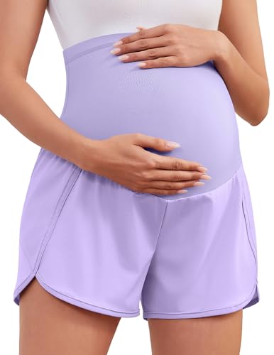 Image of PACBREEZE Women's Maternity Shorts Over Belly Quick Dry Workout Athletic Running Shorts with Zipper Pockets