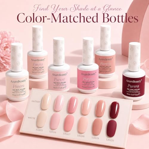 Image of AZUREBEAUTY 6 Colors 15ml HEMA Free Purera Gel Nail Polish Set, Same Color Bottles, Soak Off UV LED Gel Polish Kit Nail Art for DIY at Home Manicure Salon Gifts, Nude Pink Beige Burgundy Red