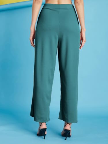 Image of Selvia Women's Solid Ribbed Lycra Elastic Regular Fit Wide-Leg Trouser