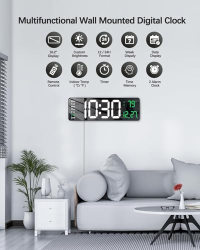 Image of EASEPRES 16 inch Digital Wall Clock with Remote Control - LED Display, Auto-Dimming,Dual Alram,Countdown Timer, Date, Day,Temperature & Calendar - 12 /24 Hour Format, ABS Rectangle Design (White + Green)