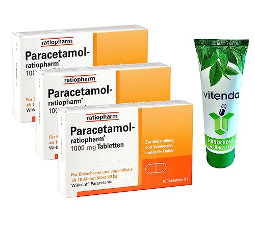 Paracetamol-ratiopharm 1000 mg Tabletten 3x10 Stück inclusive einer Handcreme von vitenda - Der gut verträgliche Klassiker hilft gegen Schmerzen und Fieber