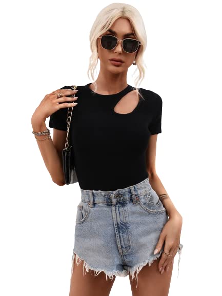 T-shirt noir femme moulant taille M haut manches courtes col rond