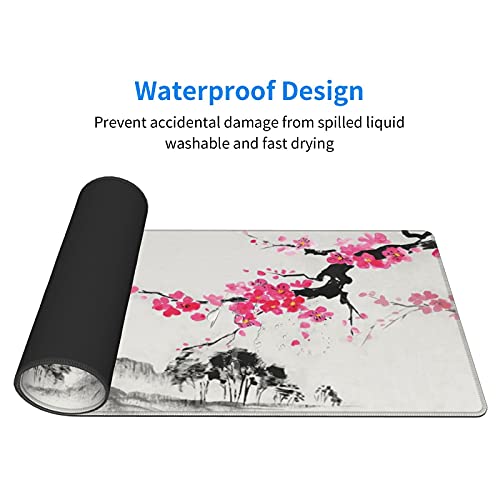 Image of Watercolor Landscape Sakura Cherry Blossom Gaming Mouse Pad 35.4x15.7inch with Stitched Edges Extended Waterproof Desk Mousepad Non-Slip Rubber Base Large Computer Keyboard Mat for Work /Office /Home