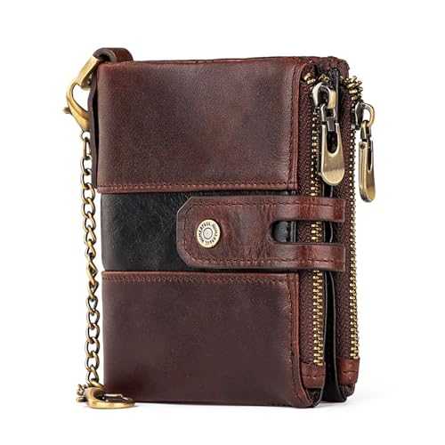 Mens Wallet with Chain RFID Blocking Genuine Leather Bifold Biker Wallet for Men Double Zipper Coin Pocket Purse with Double Anti-Theft Chain-coffee