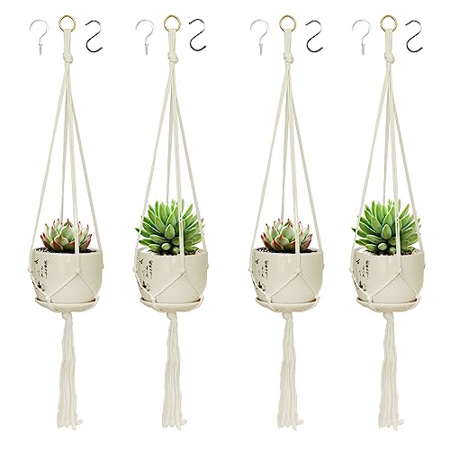 LOOGI Makramee Blumenampel 4er Set,Boho Deko Baumwollseil Hängeampel Blumentopf Pflanzen Halter Aufhänger für Innen Außen Decken Balkone Wanddekoration