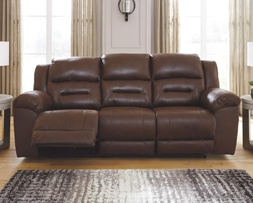 Image of Signature Design by Ashley Stoneland Faux Leather Manual Double Reclining Loveseat with Center Console, Light Brown