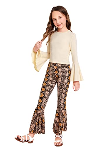Image of WDIRARA Girl's 2 Piece Flounce Sleeve Top and Leopard Print Bell Leg Bottom Pants Set Multicolored 11-12Y