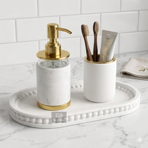Image of Bathroom Tray for Countertop, White Concrete Organizer for Toiletries & Soap | Minimal Bathroom Sink Tray (20x12 cm)