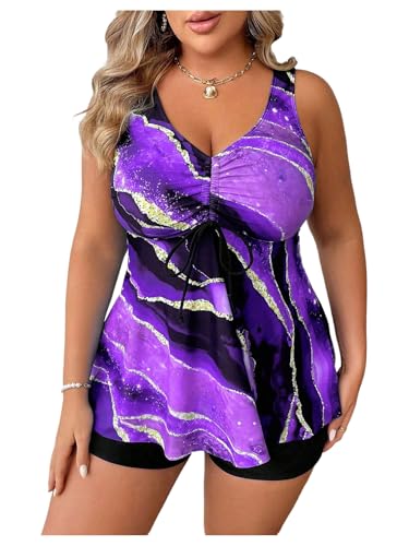 Women's Plus Size 2 Piece Tie Dye Tankini Swimsuits Tummy Control Ruffle Drawstring Bathing Suit Sets