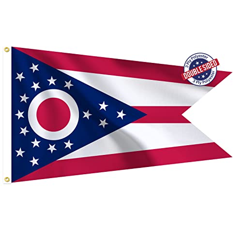 Bradford Ohio State Flag 3x5 ft Outdoor, Double Sided Burgee Heavy Duty, 3 Layers OH State Flag With 2 Brass Grommets for Outside House Long Lasting