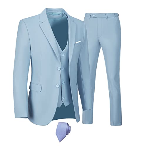 Image of Furuyal Men's Suits 3 Piece Slim Fit Suit Set,Two Button Wedding Business Tuxedo Solid Blazer Jacket Vest Pants with Tie