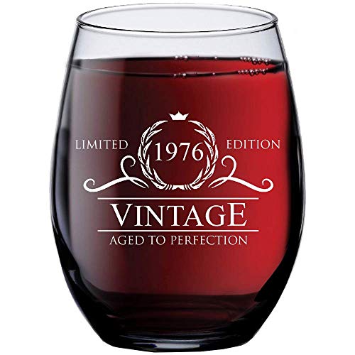 1976 44th Birthday Gifts for Women Men - 15 oz Stemless Wine Glass