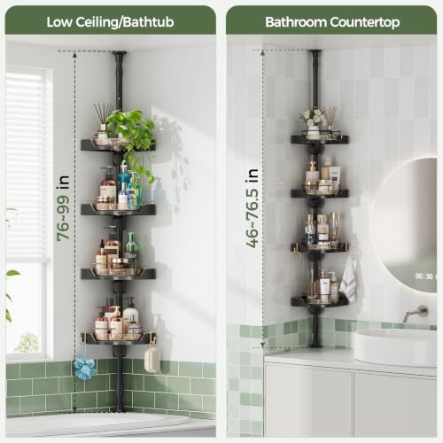 Image of akinbas 360 Rotating Shower Caddy Tension Pole with 4-Tier Rustproof Lazy Susan 35-128 Inch No Drilling Coner Shelves Adjustable Shower Rack for Bathroom Bathtub Washbasin Plant Storage (Black+Gold)