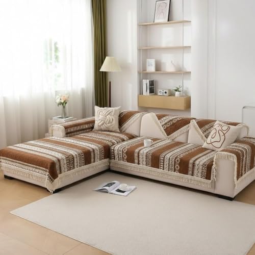 Image of HOMETHREADS Innovative European Premium Style Anti Slip Cotton Sofa Cover Mat with PVC Backing for Non-Slip Comfort (Coffee, 3 Seater | 70x180cm)