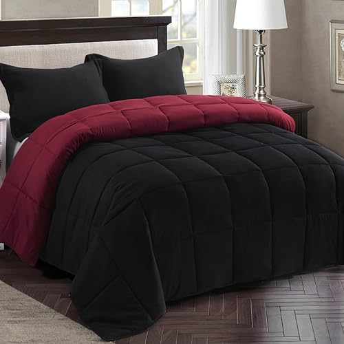 HIG 3 Pieces Black Reversible Duvet King - 240 x 220cm - Coverless Duvet with Baffle Box Design - 10.5 Tog Down Alternative Comforter Set with 2 Shams