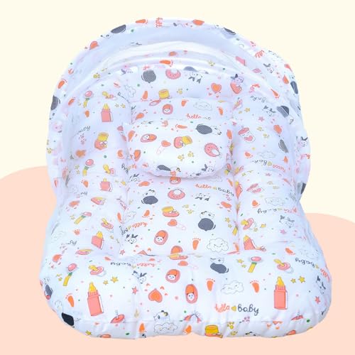 Image of Baby Bed with Mosquito and Insect Protection Net, Portable Mattress with Zip Closure & Pillow Ideal for Babies from 0-6 Months-Unisex (Panda Orange)