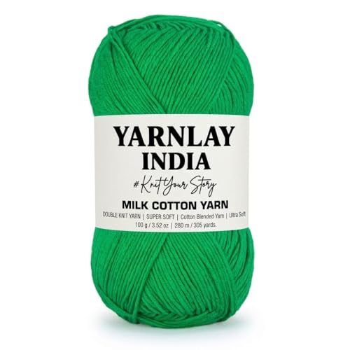 Image of Yarnlay 3 Ply Soft Milk Cotton Yarn for Crochet Knitting, Amigurumi, Punch Needle .DIY Crafts, Summer Wear,Flowers Toys & Cushion Covers 100g (250m) (Shade 15: Leaf Green)