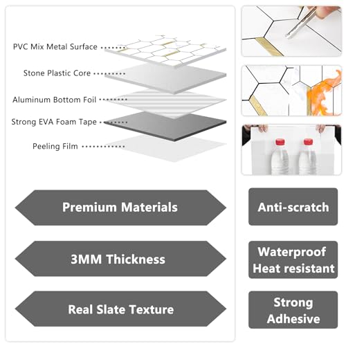 Vamos Tile Long Hexagon Peel and Stick Backsplash Tile - 10 Sheets Stick on Backsplash for Kitchen and Bathroom 12.4 x 12 Inch White Marble Look PVC Mixed Metal Gold Self Adhesive Mosaic Wall Tiles