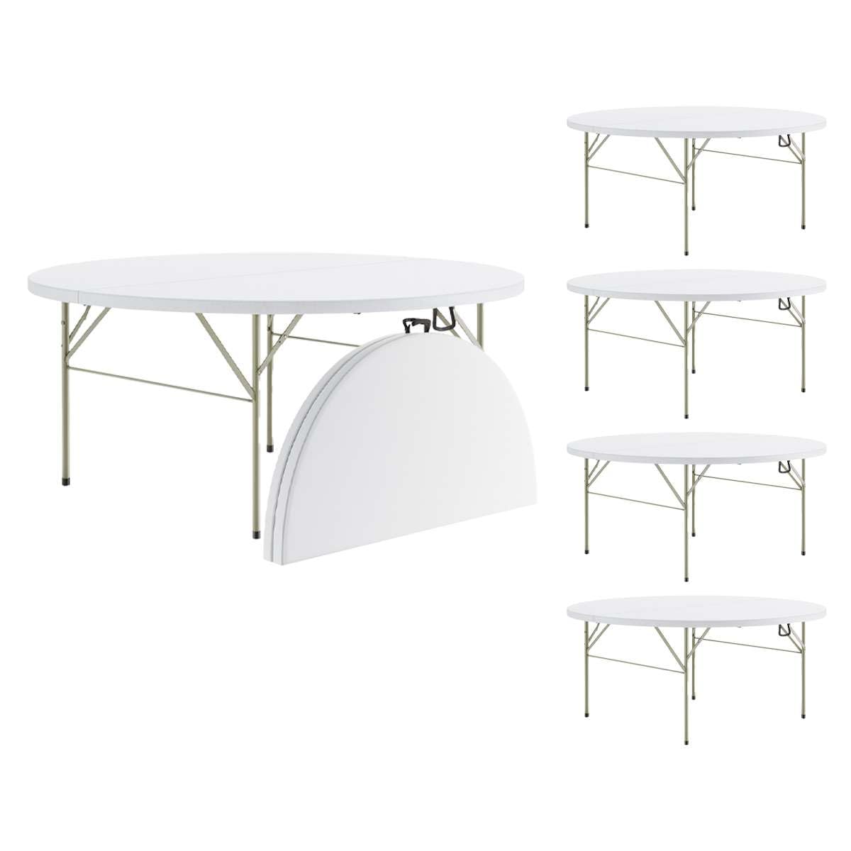 Zedfire Set of 5, 72" Round Bi-Folding Plastic Folding Table, Granite White Blow Molded Surface with Sage Gray Legs, Commercial-Grade for Banquets,