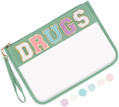 Iqimott Monogram Letter Clear Bag Purse, Chenille Glitter Letter Makeup Cosmetic Bag Patch Zipper Toiletry Pouch, Portable Travel Beach Snack Wristlet Bag for Women Girls(Drugs,Blue)