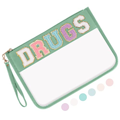 Iqimott Monogram Letter Clear Bag Purse, Chenille Glitter Letter Makeup Cosmetic Bag Patch Zipper Toiletry Pouch, Portable Travel Beach Snack Wristlet Bag For Women Girls(Drugs,Blue) #TOP4