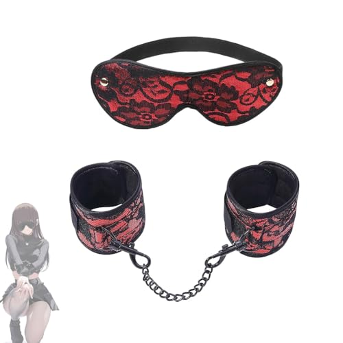Bandeau pour les yeux en dentelle douce rouge et manchettes doublées en fausse fourrure pour jeux de rôle