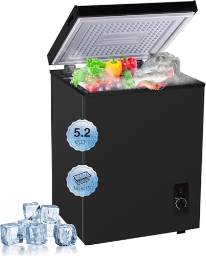 Image of Compact Deep Freezer, 5.2 Cu Ft Chest Freezer with 6 Adjustable Thermostat, Top Open Door Freezer with Removable Basket, Energy Saving Freezer for Home, Apartment, Office, Black