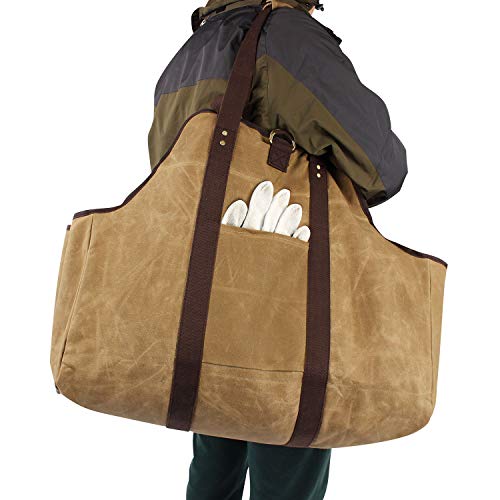 MyFirePlaceDirect Waxed Canvas Log Carrier Tote Bag, Extra Large Durable Firewood Holder with Handles and Shoulder Strap, Heavy Duty Wood Carrying Bag for Fireplaces & Wood Stoves - Thumbnail 3