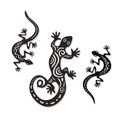 Outdoor Wall Art Metal Gecko Sculpture Elegant Black Patio Wall Decor Outdoor Fence Southwestern Style Decor for Garden, Patio or Home (Pack of 3)