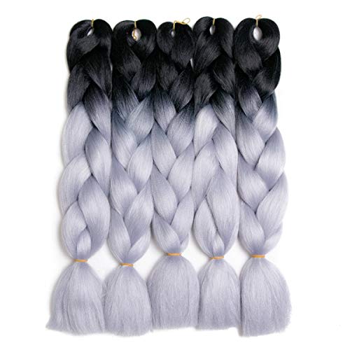 Ombre Braiding Hair Kanekalon Black and Gray Color Jumbo Braids Hair Extensions Tone Gray Synthetic Hair(3pcs, T1B/Silver Gray)
