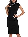 Umenlele Women’s Elegant Mock Neck Short Sleeve Ribbed Bodycon Sheath Pencil Midi Dress Black# Large