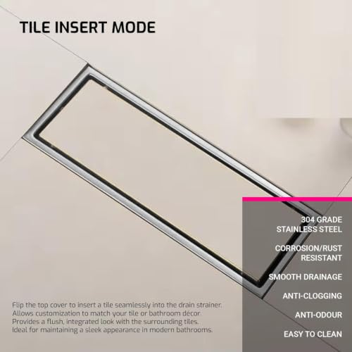 Image of Tile Insert Shower Drain Channel 12 x 4 Inch Invisible Floor Drain with Cockroach Trap 304 Stainless Steel Drain Jali Covered with Collar Side Outlet Compatible with 13mm Tiles
