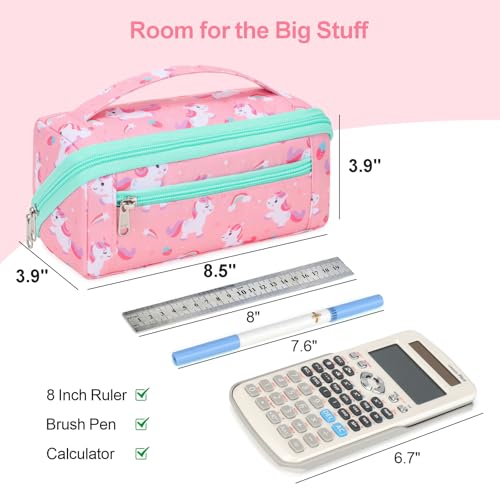 Image of Large Pencil Case for Girls, Aesthetic Kids Pencil Pouch for School, Wide Opening Organizer Box with Handle, Fits 50 Pens & Markers (Pink Cute Unicorn)