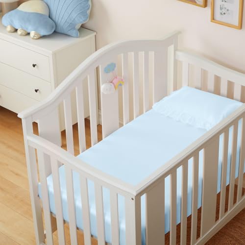 Image of Entisn 28x52 Satin Fitted Crib Sheet 2 Pack, Mint Green and Baby Blue | 8-Inch Deep Pocket Snug Fit, Silky Satin Protects Hair And Skin, No-Slip Reinforced Edges, Machine Washable Fade-Resistant