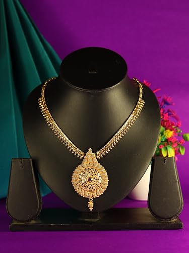CUTE GOLD One Gram Micro Gold Plated Traditional Trendy South Indian Fashion Jewellery Stylish Ruby Emrald Stone Necklace for Women & Girls