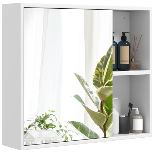 Tangkula Bathroom Medicine Cabinet with Single Mirror Door, Wall Mounted Storage Cabinet Organizer with 2 Adjustable Shelves & Open Fixed Shelf, Over The Toilet Space Saver for Bathroom (White)