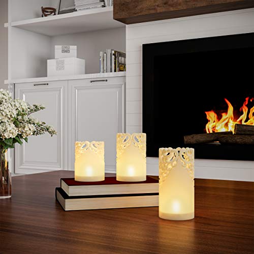 Lavish Home 80-FC1007 Remote Control Led Candles - Set Of 3 Battery-Operated Realistic Flameless Pillars With Lace Details And Vanilla-Scented Wax cover