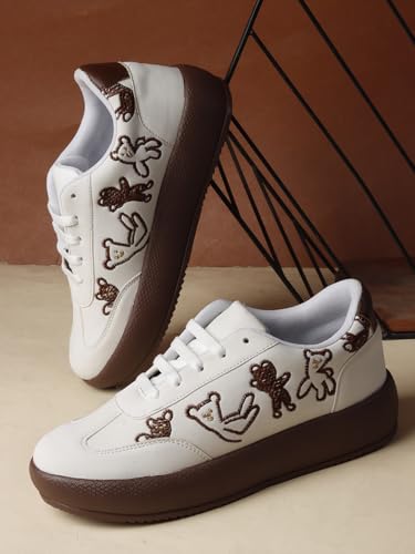 Image of TRYME Women's Stylish Platform Sneakers | Cute Teddy Bear Lace-Up Shoes Trendy Casual Footwear